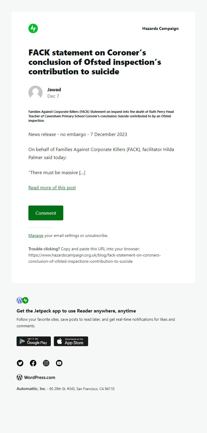 Screenshot of the email generated on import