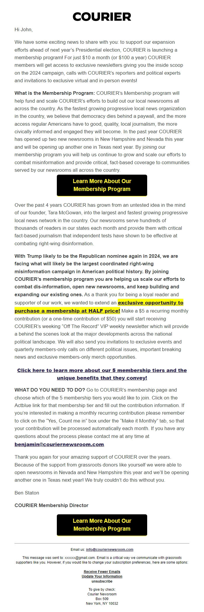 Screenshot of the email generated on import