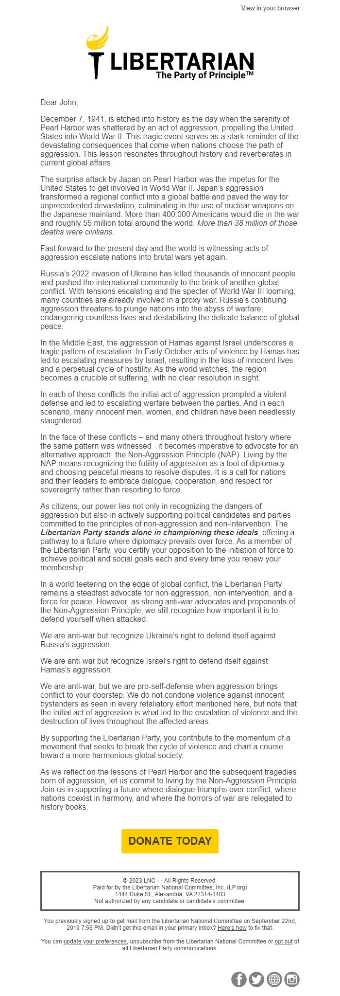 Screenshot of the email generated on import