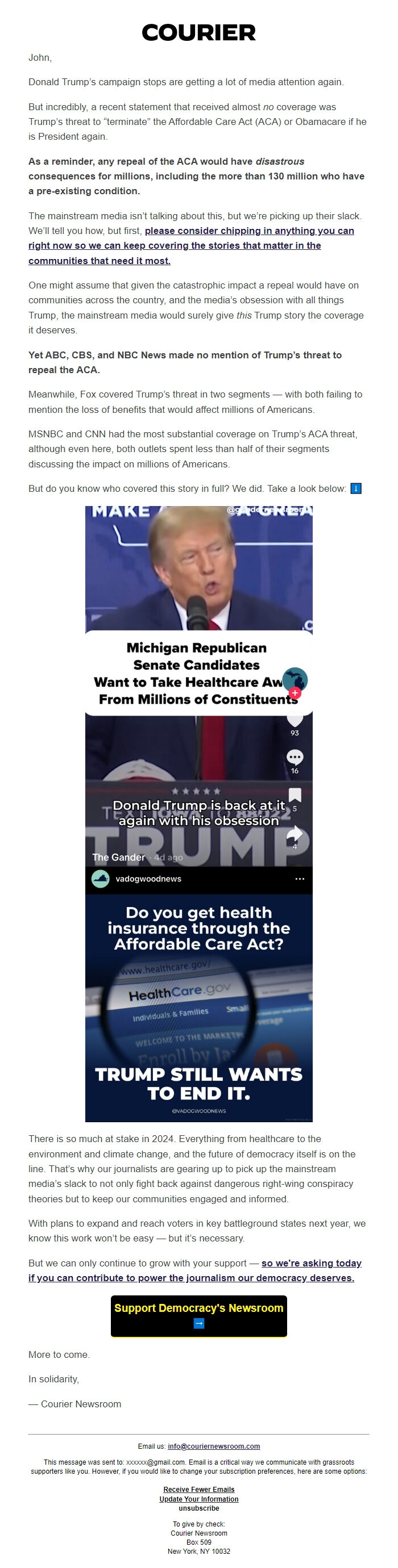 Screenshot of the email generated on import