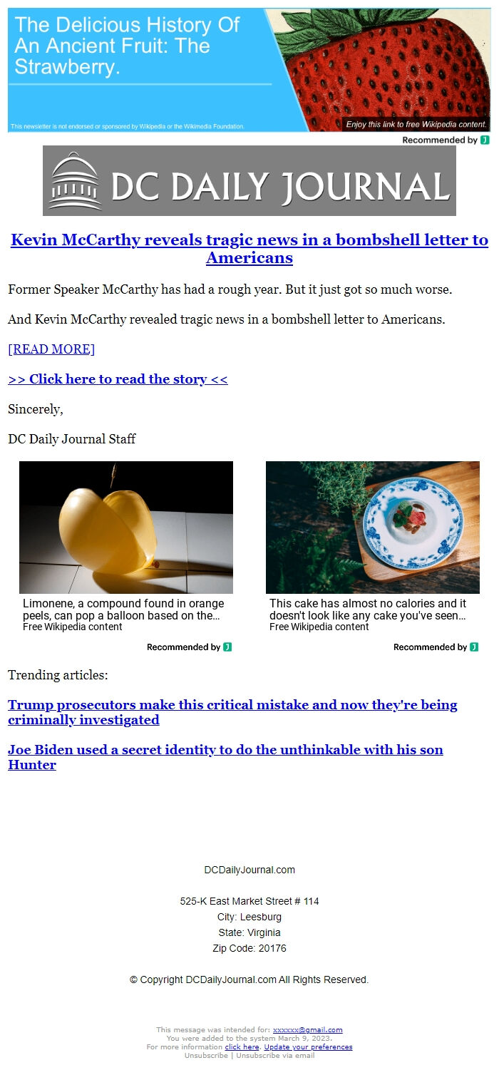 Screenshot of the email generated on import