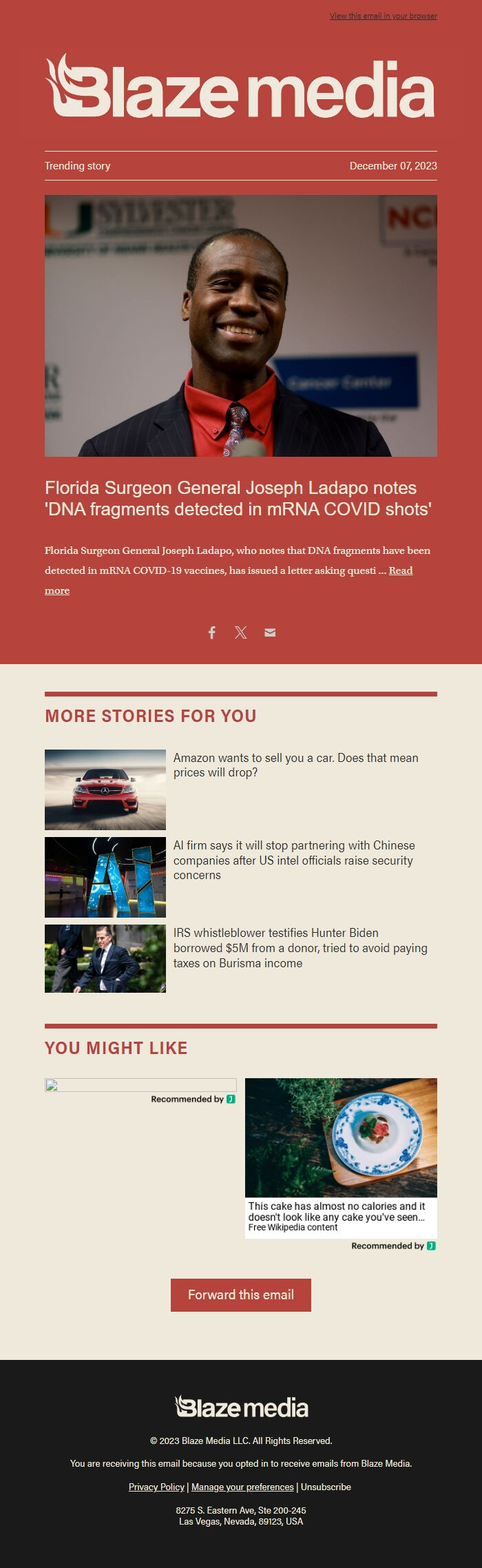 Screenshot of the email generated on import