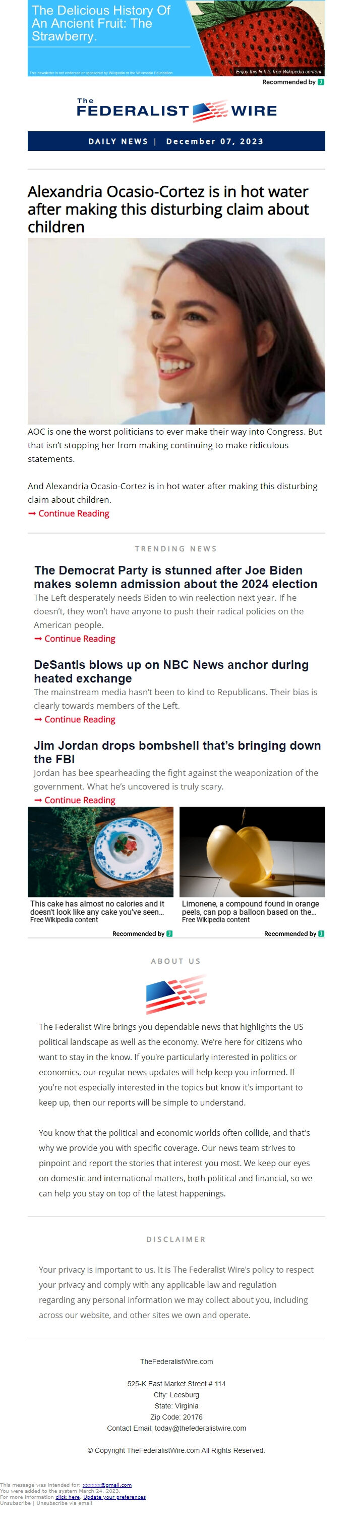 Screenshot of the email generated on import