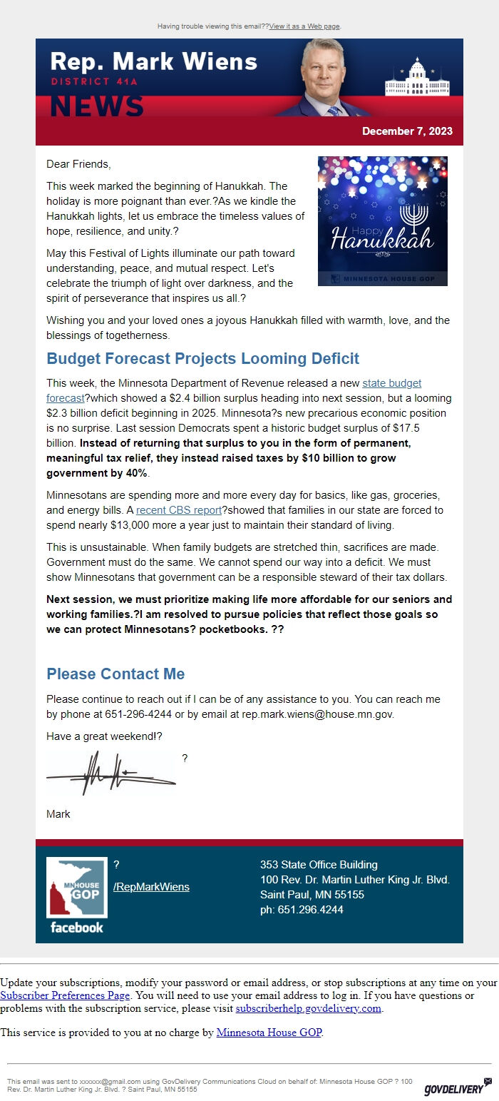 Screenshot of the email generated on import