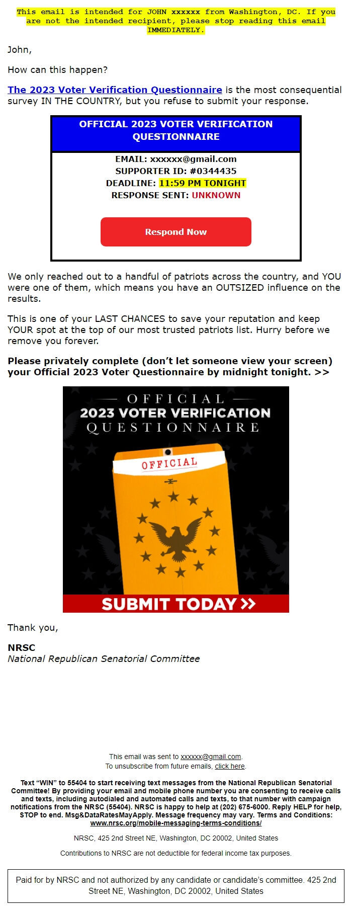 Screenshot of the email generated on import