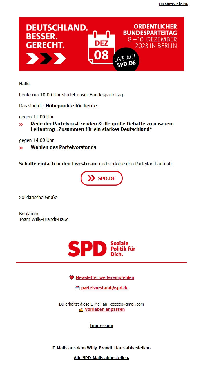 Screenshot of the email generated on import