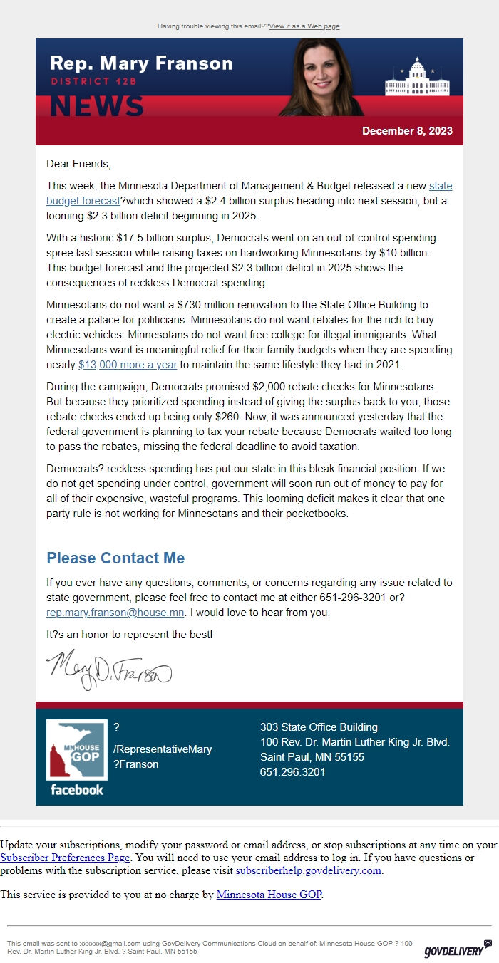 Screenshot of the email generated on import