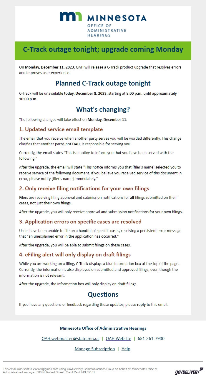 Screenshot of the email generated on import