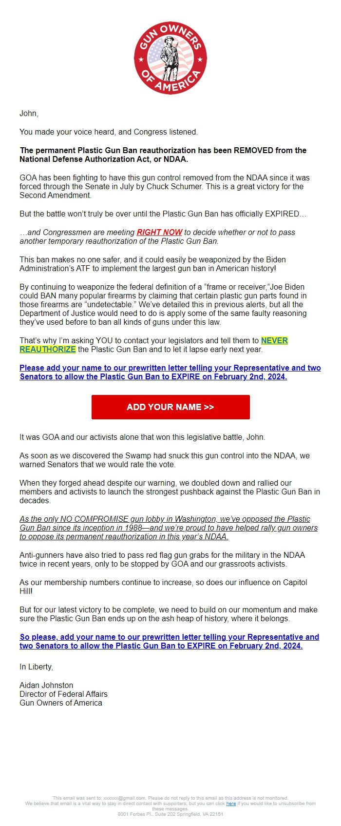 Screenshot of the email generated on import