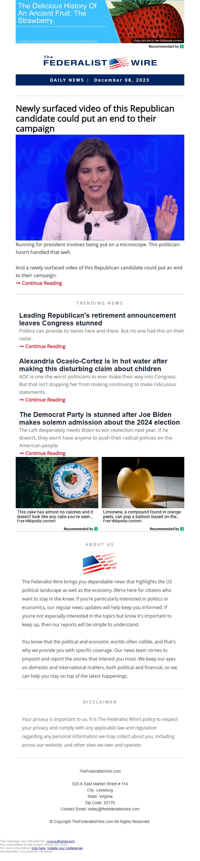 Screenshot of the email generated on import