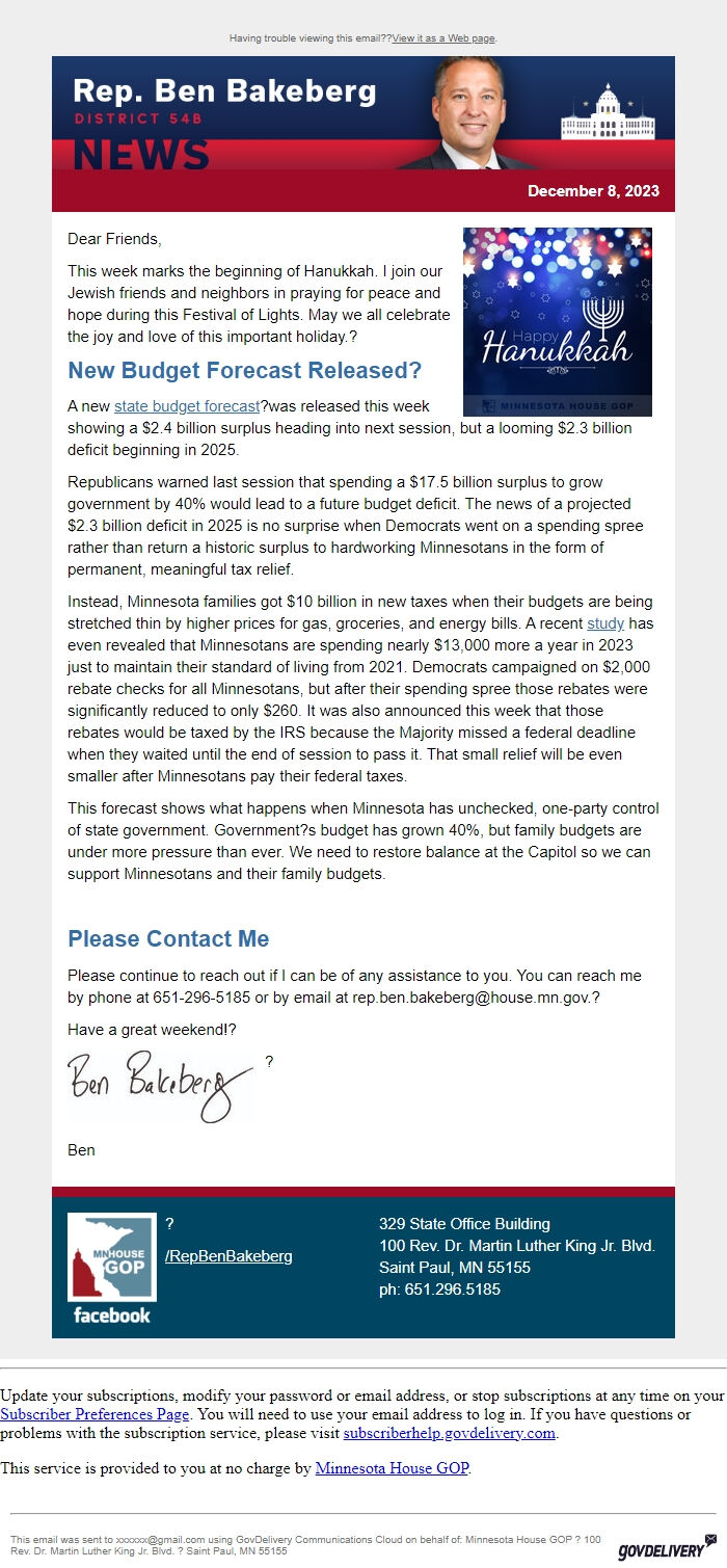 Screenshot of the email generated on import