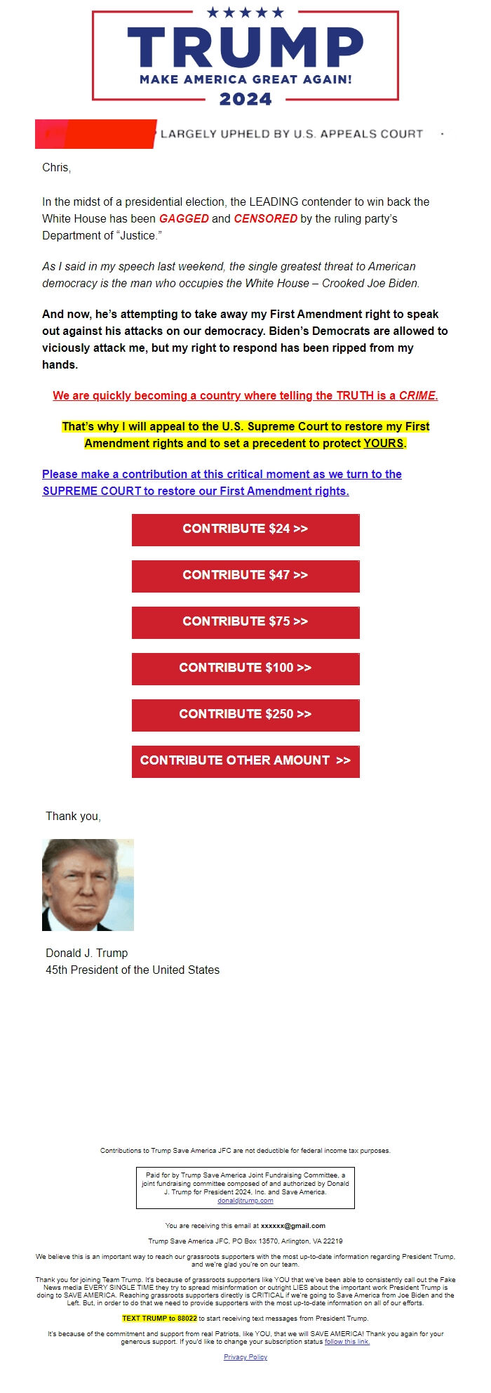 Screenshot of the email generated on import