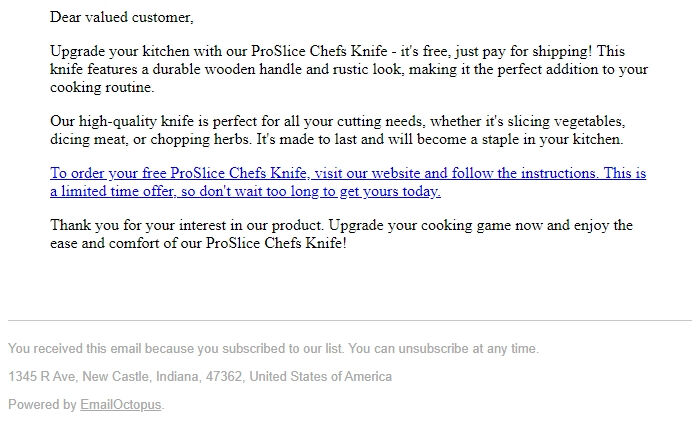 Screenshot of the email generated on import