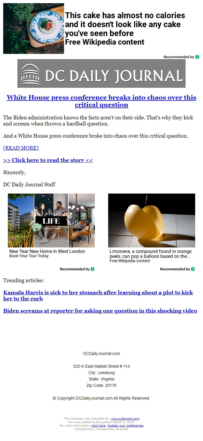 Screenshot of the email generated on import