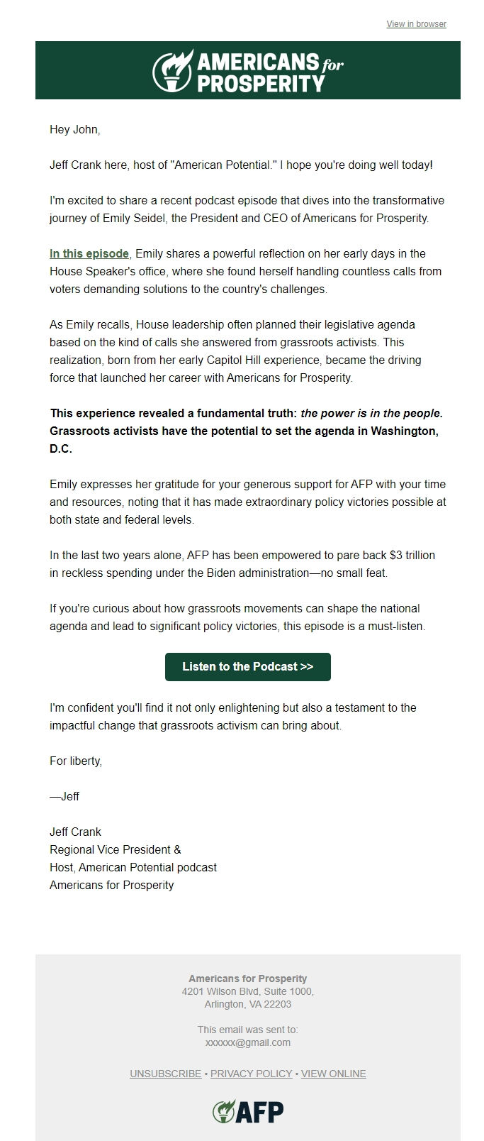 Screenshot of the email generated on import