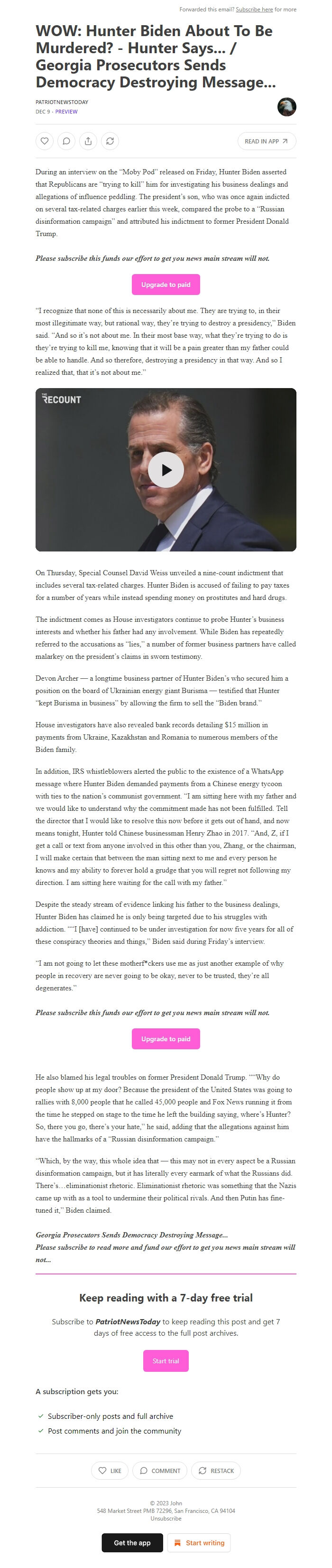 Screenshot of the email generated on import