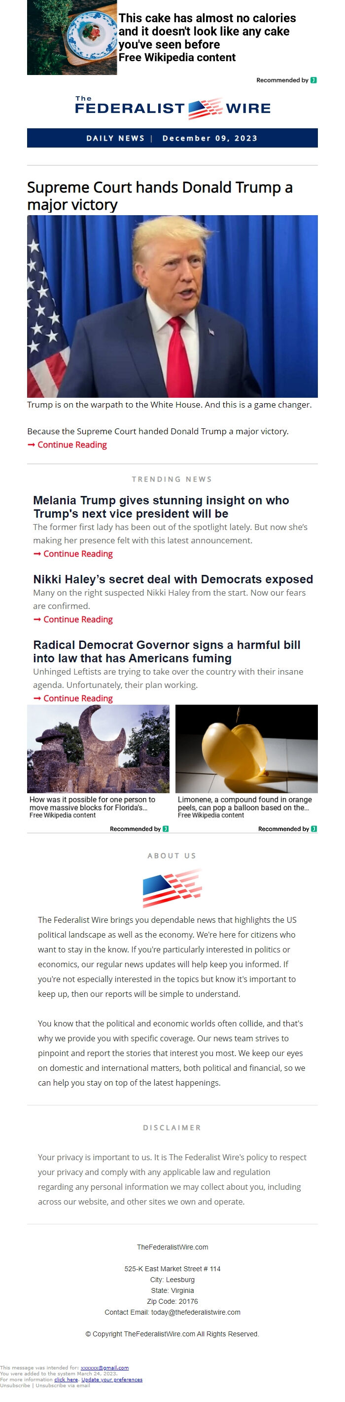 Screenshot of the email generated on import