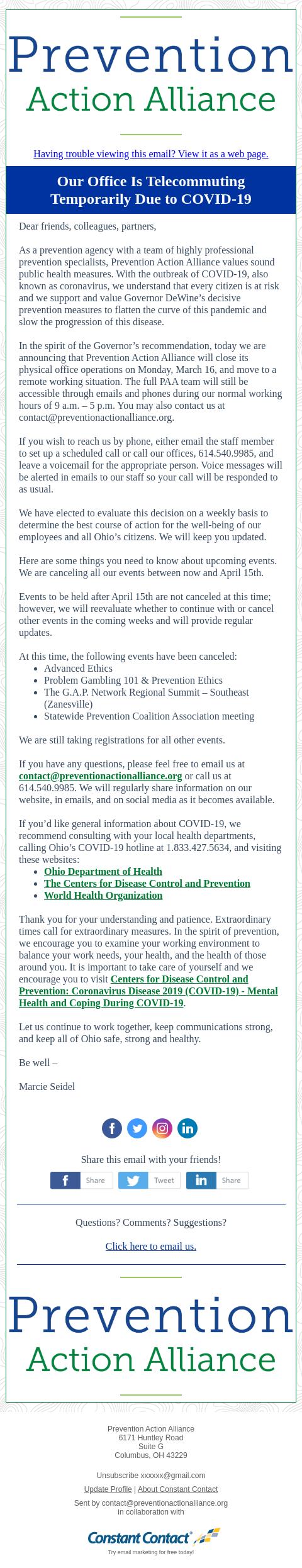 Screenshot of the email generated on import
