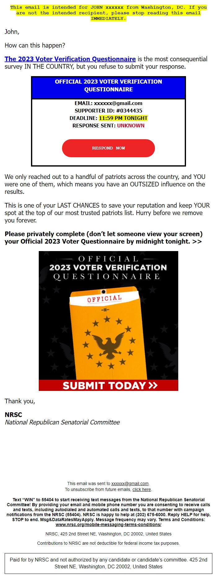 Screenshot of the email generated on import