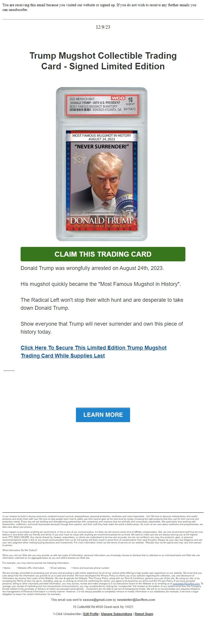 Screenshot of the email generated on import