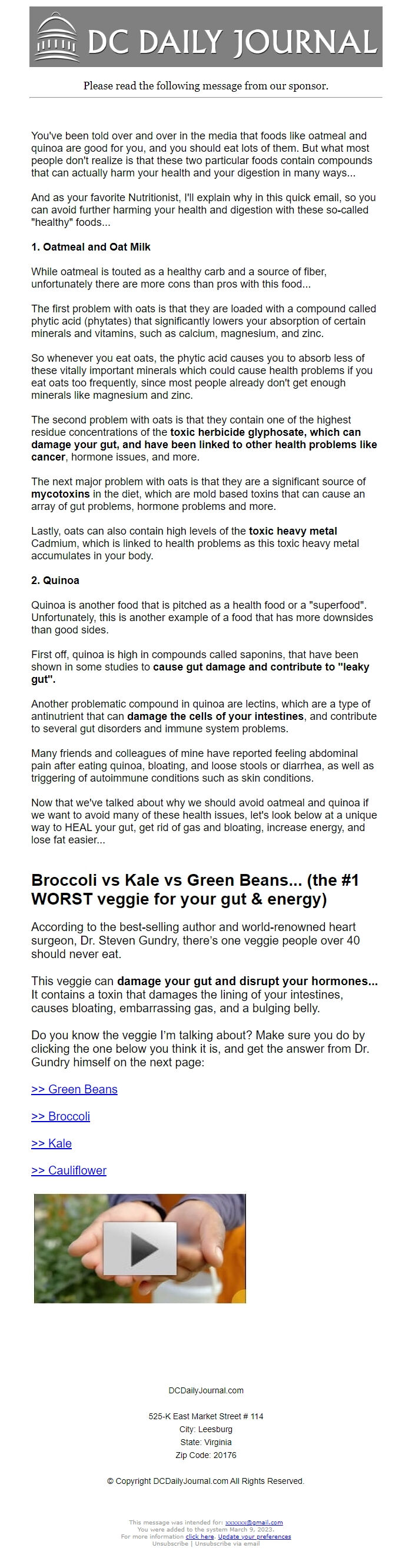 Screenshot of the email generated on import