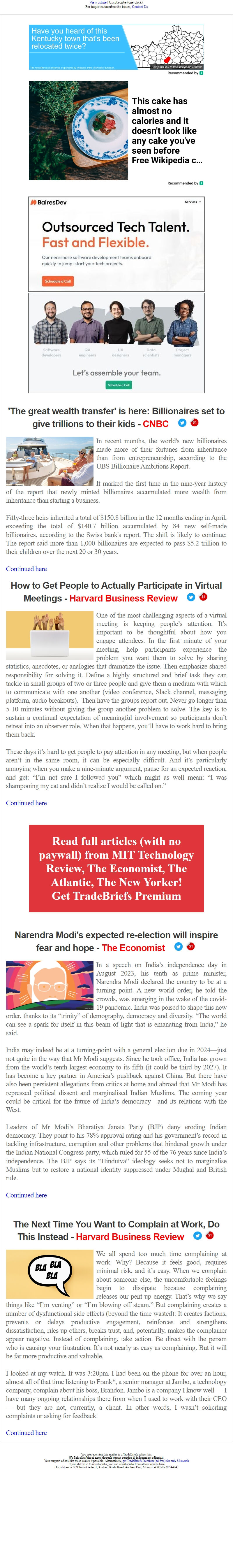 Screenshot of the email generated on import