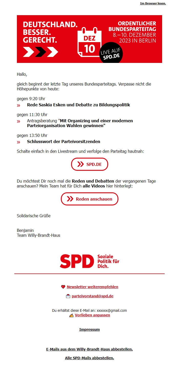 Screenshot of the email generated on import