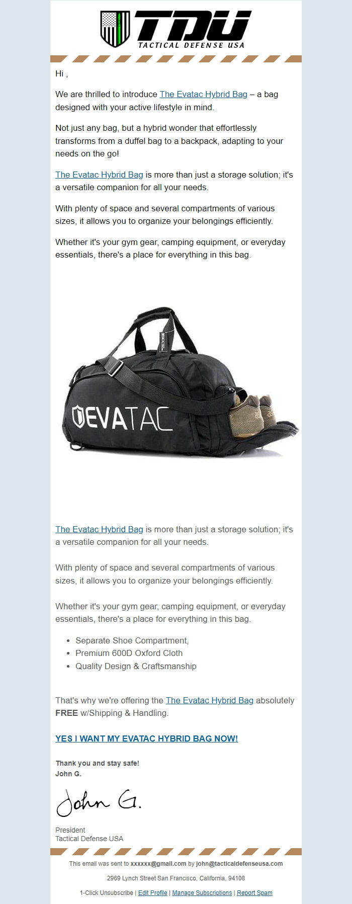 Screenshot of the email generated on import