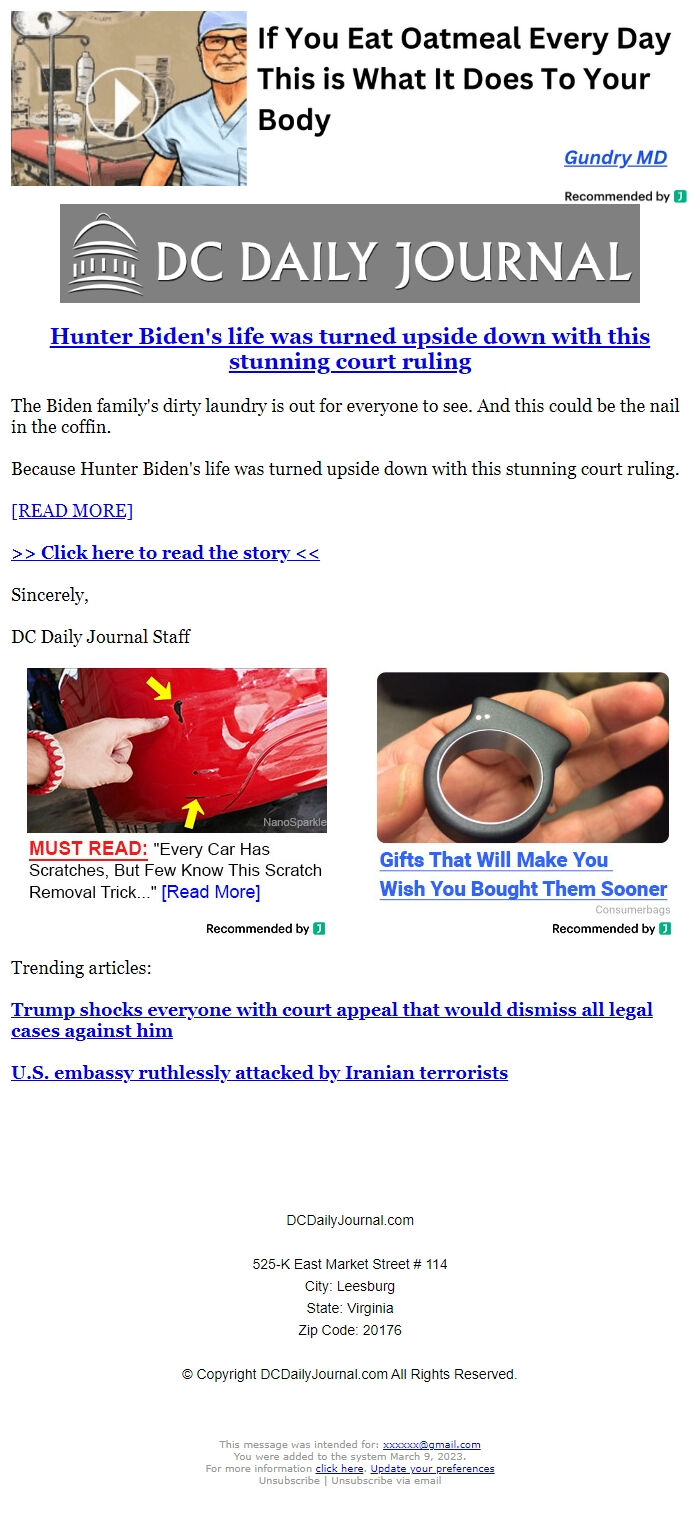 Screenshot of the email generated on import