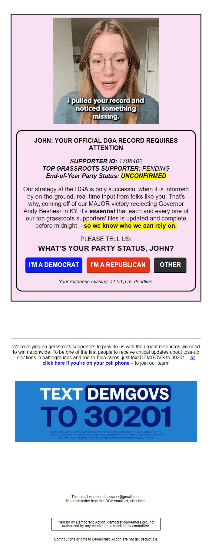 Screenshot of the email generated on import