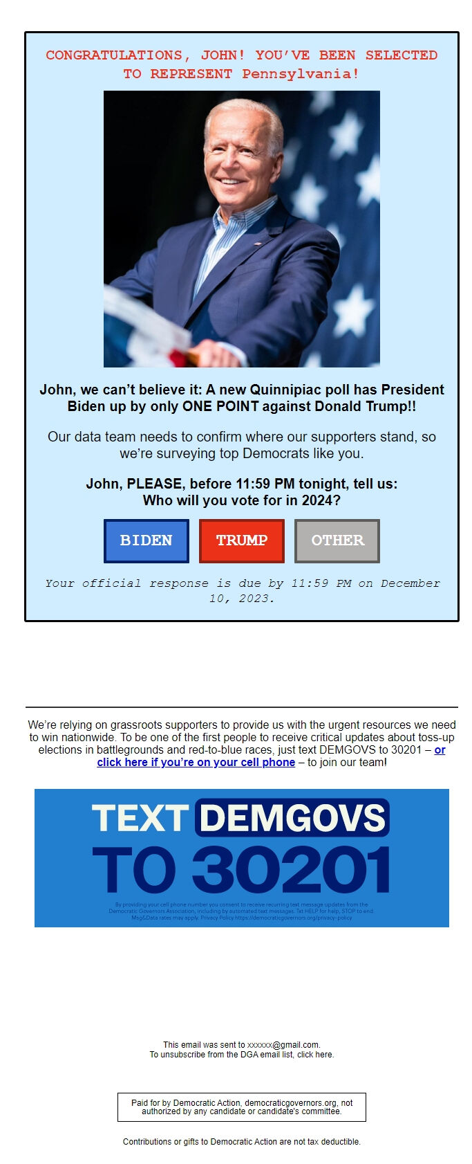 Screenshot of the email generated on import