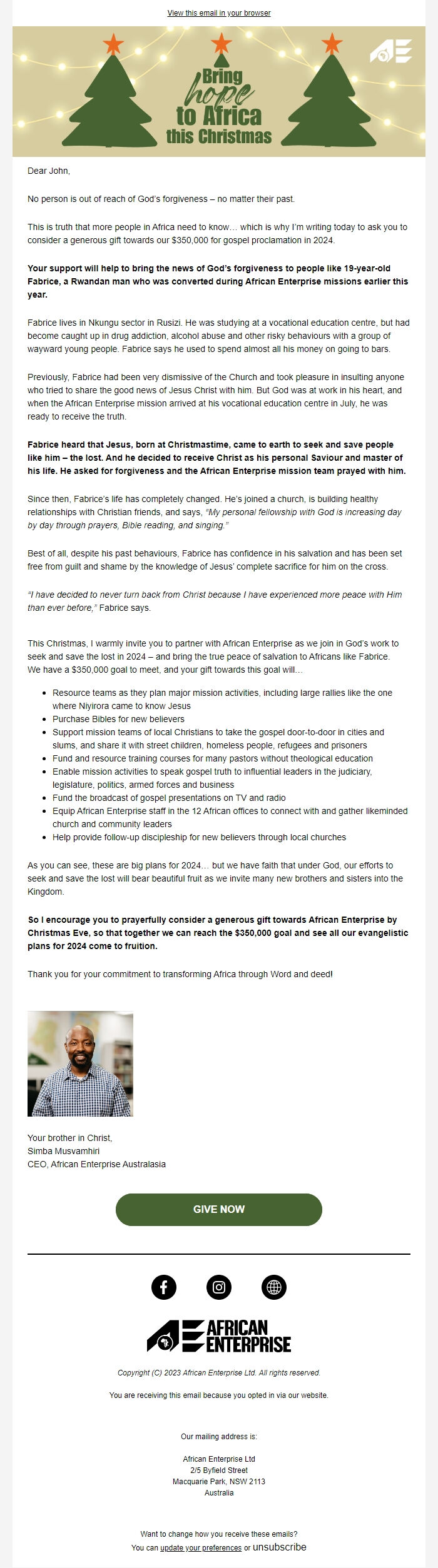 Screenshot of the email generated on import