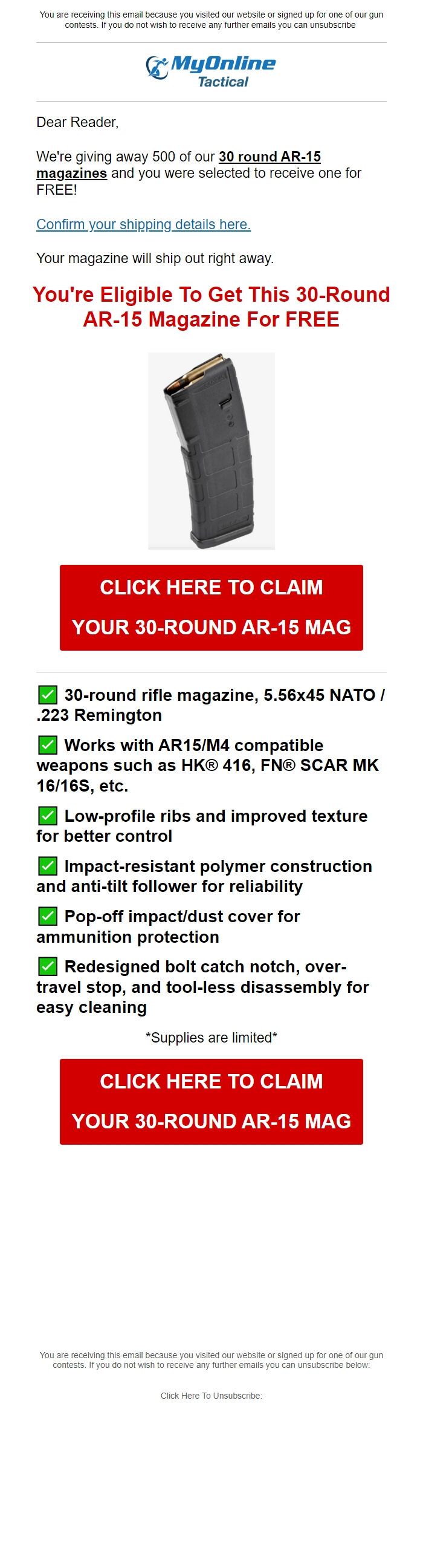 Screenshot of the email generated on import