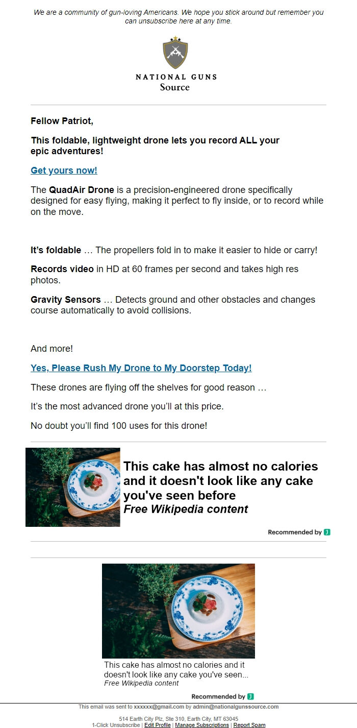 Screenshot of the email generated on import