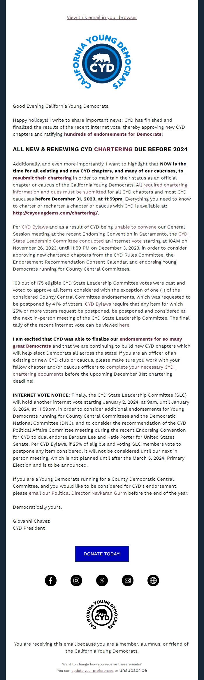Screenshot of the email generated on import