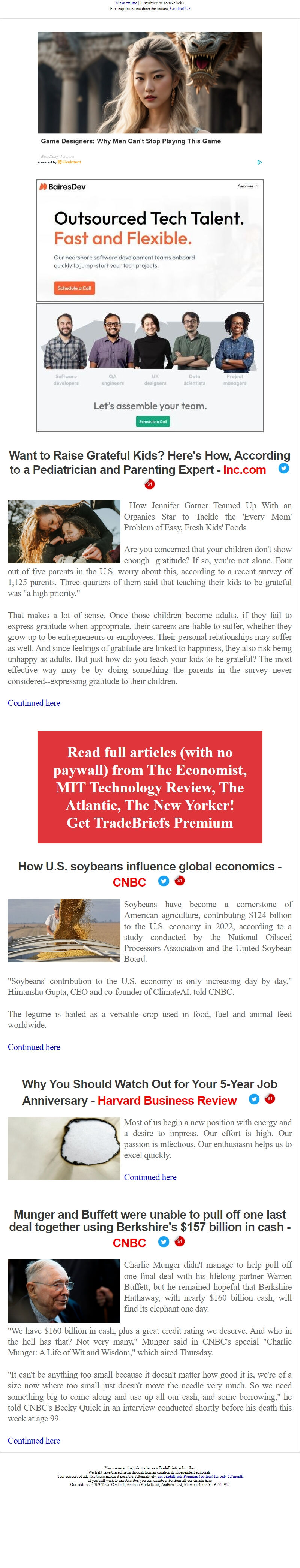Screenshot of the email generated on import