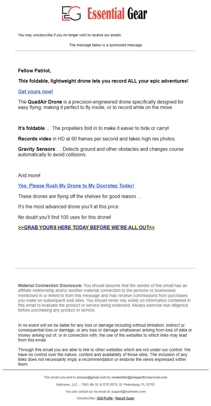 Screenshot of the email generated on import