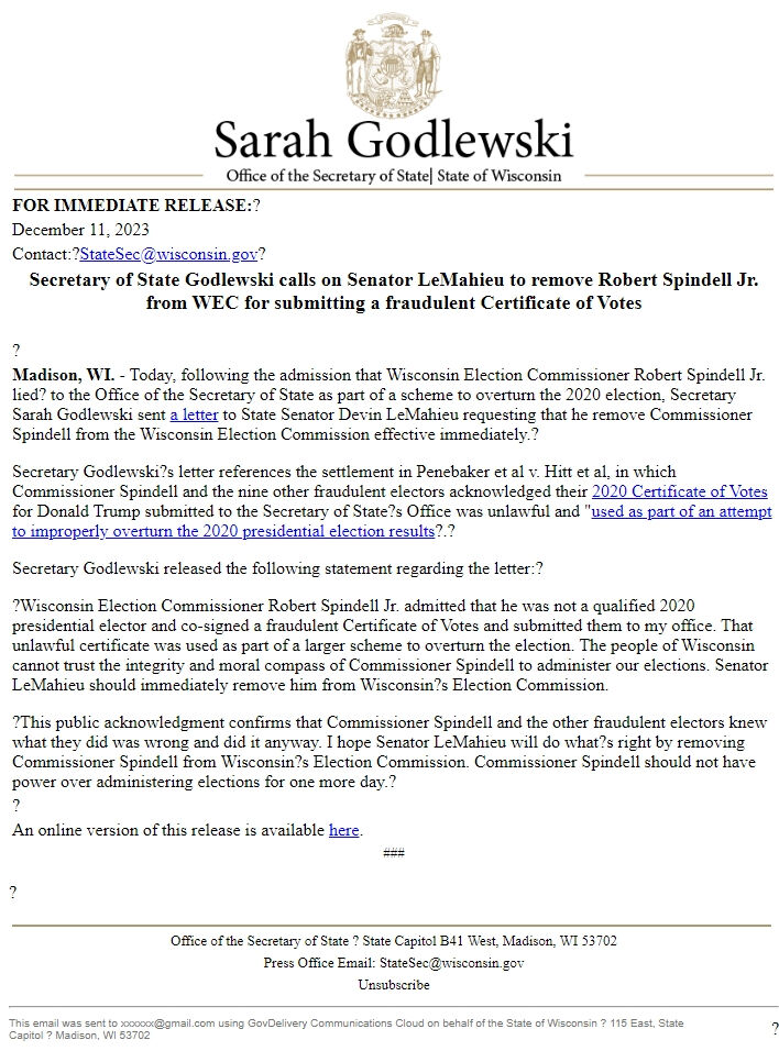 Screenshot of the email generated on import