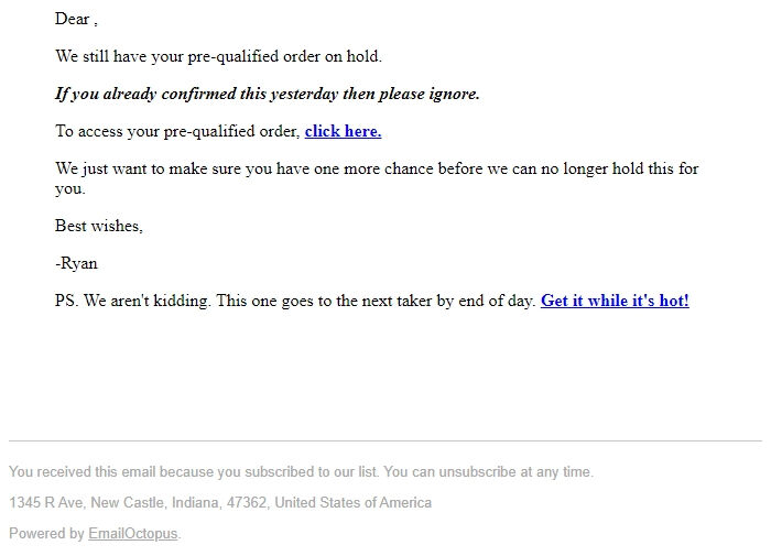 Screenshot of the email generated on import