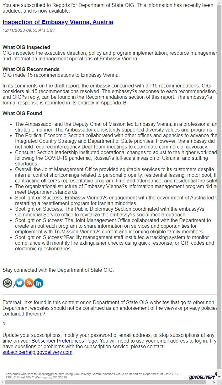 Screenshot of the email generated on import