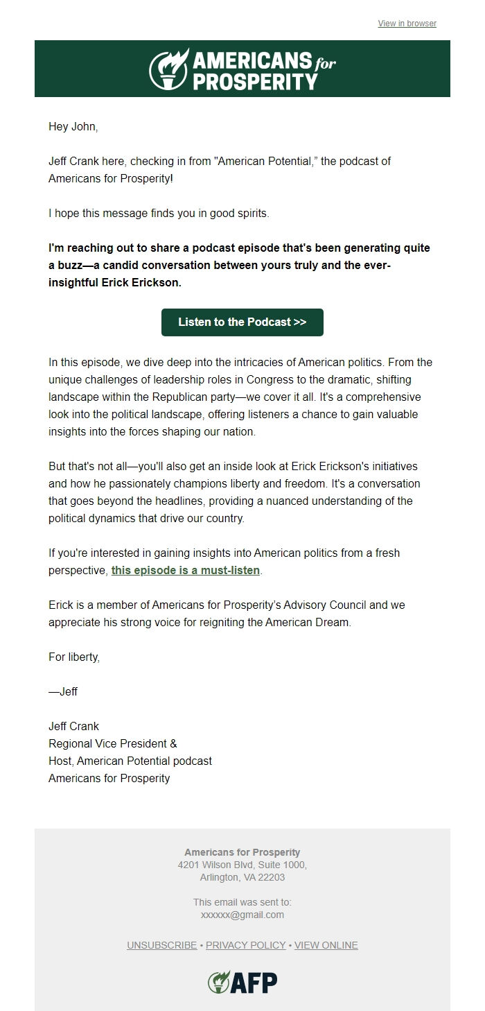 Screenshot of the email generated on import