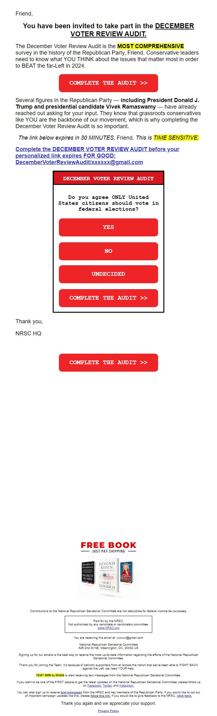 Screenshot of the email generated on import