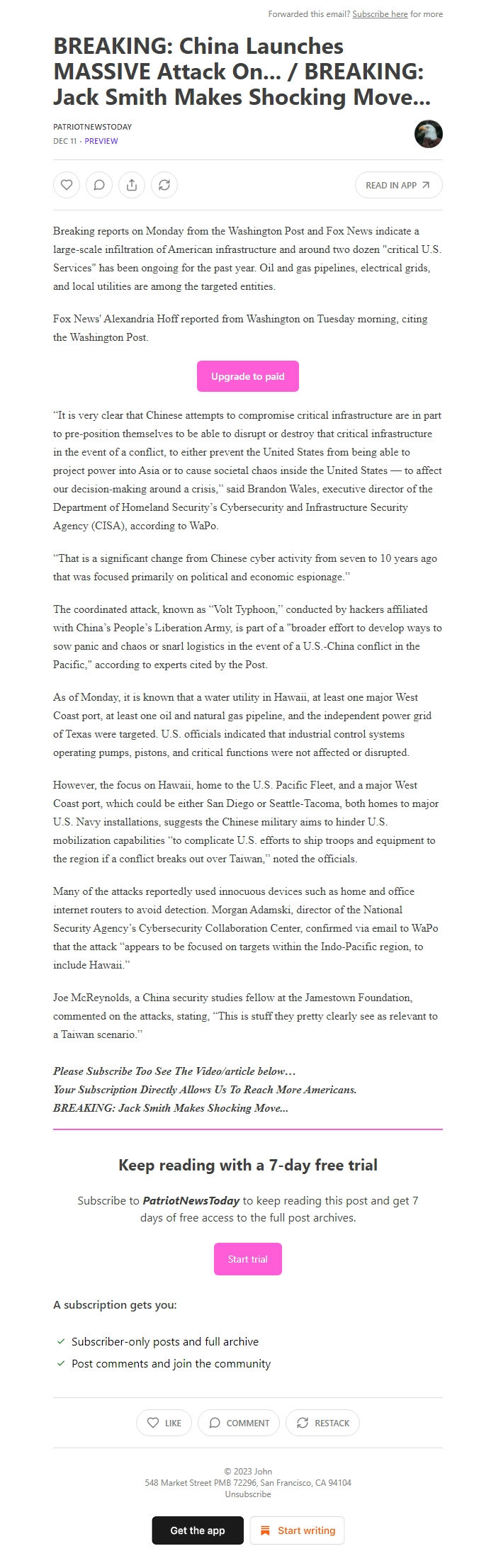 Screenshot of the email generated on import