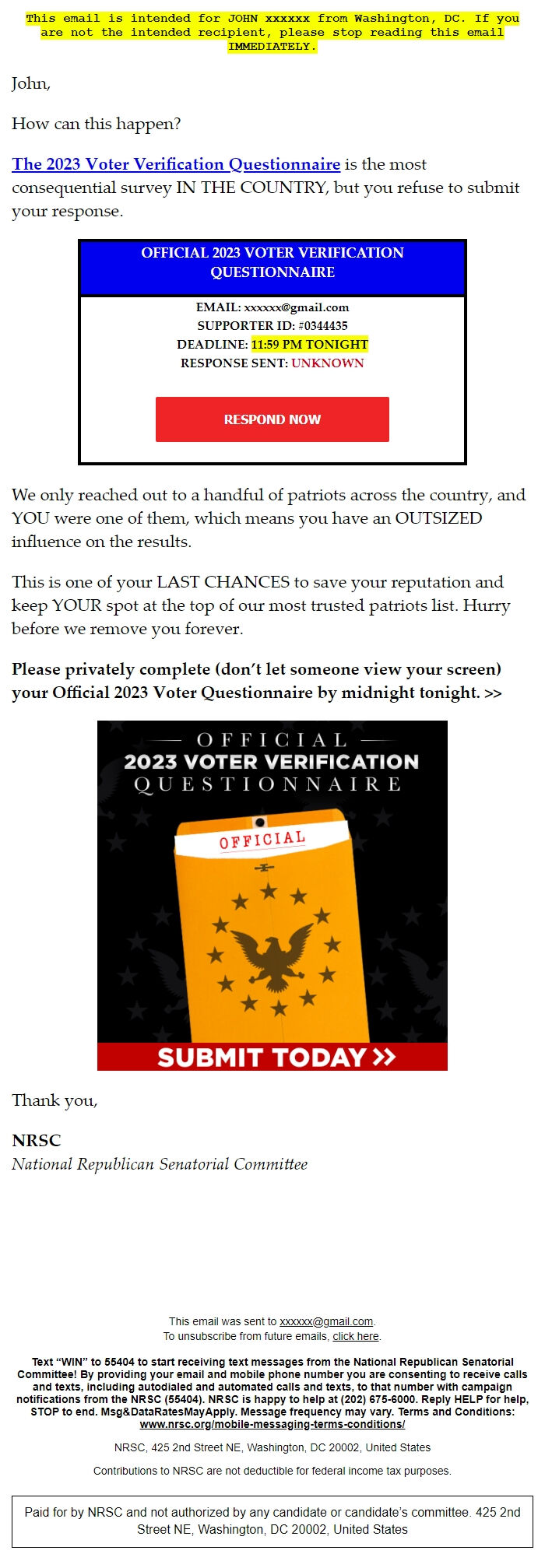 Screenshot of the email generated on import