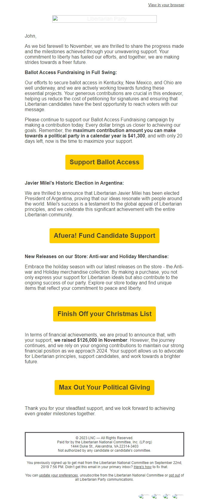 Screenshot of the email generated on import