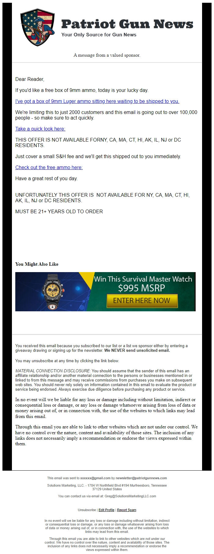 Screenshot of the email generated on import