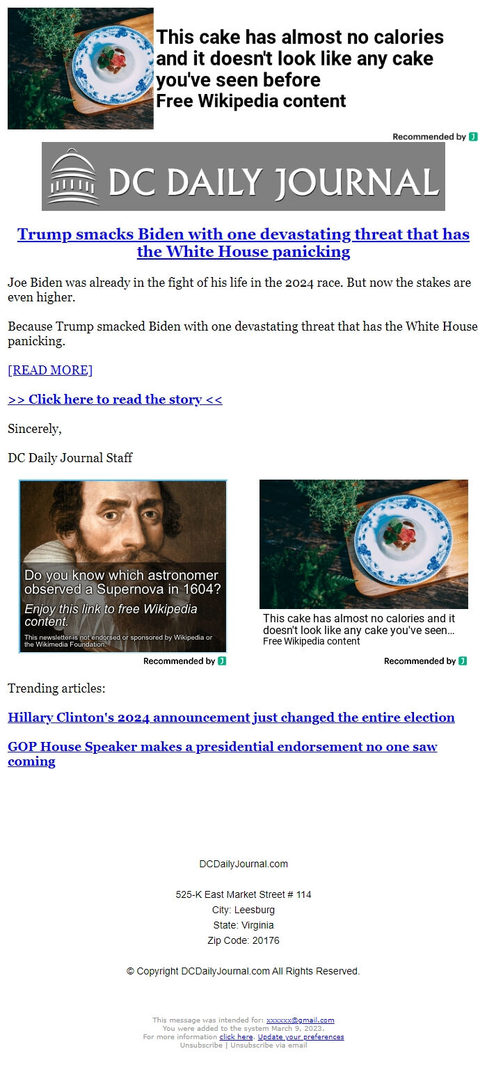 Screenshot of the email generated on import