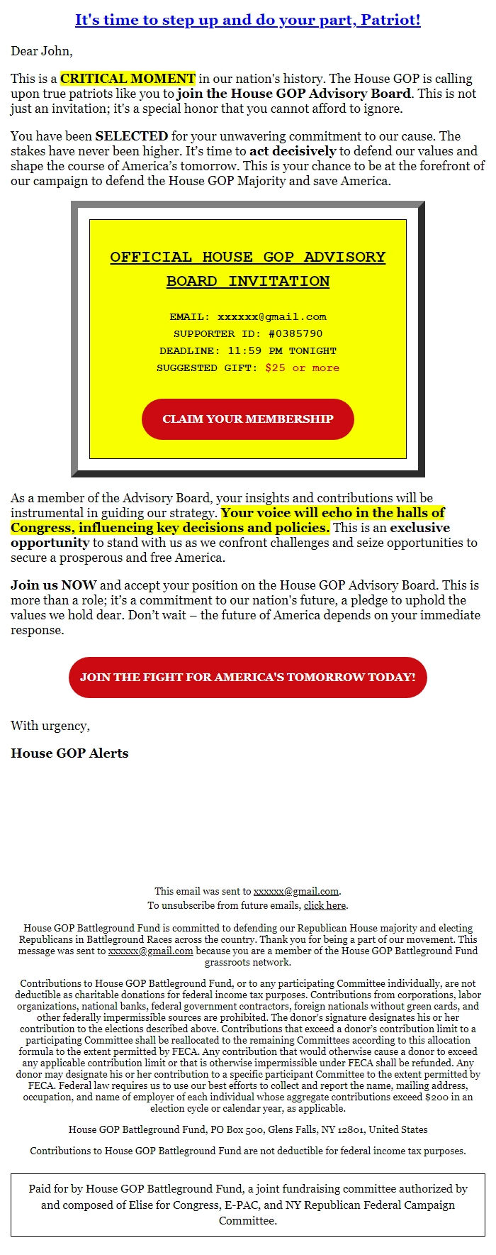 Screenshot of the email generated on import