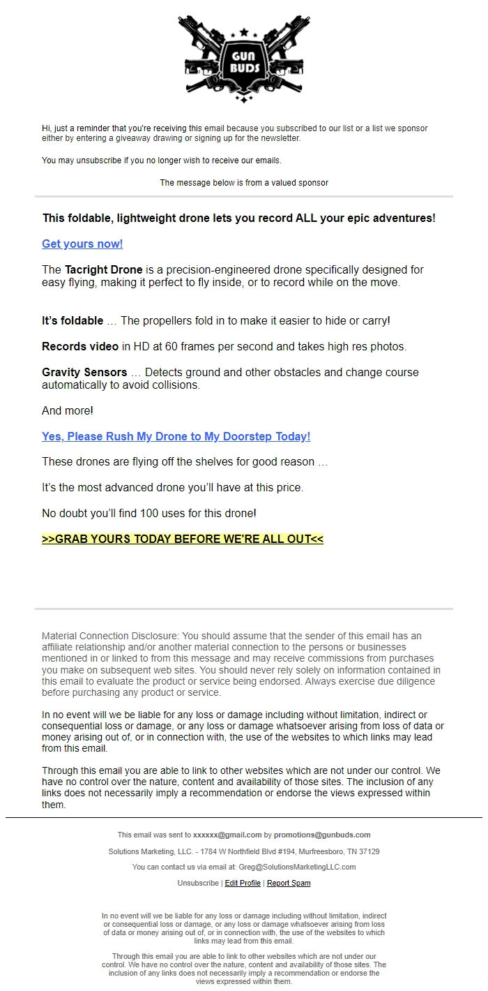 Screenshot of the email generated on import