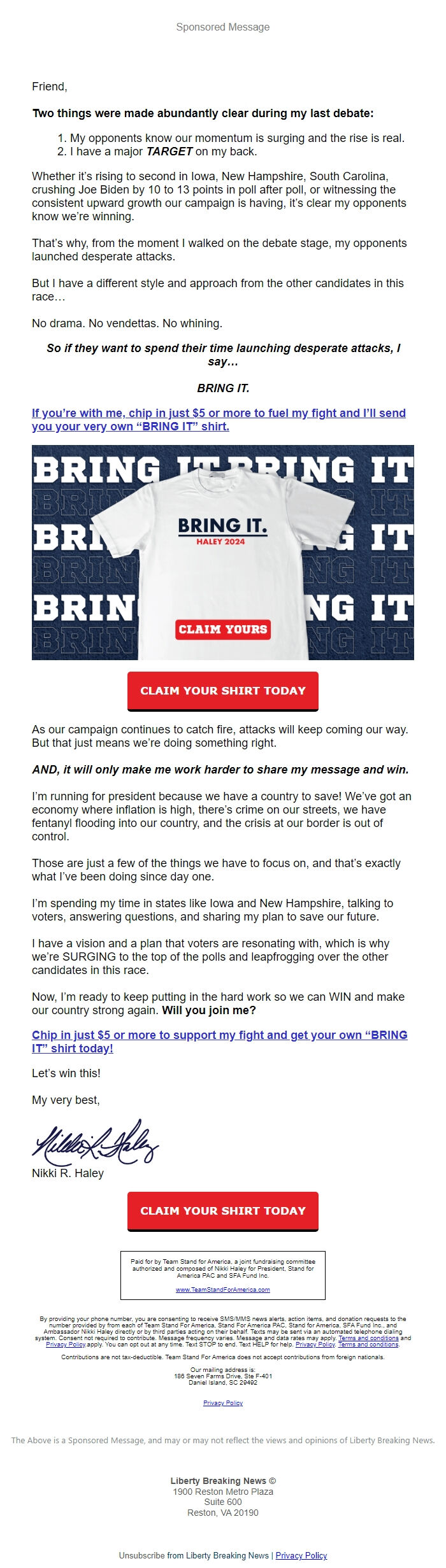 Screenshot of the email generated on import